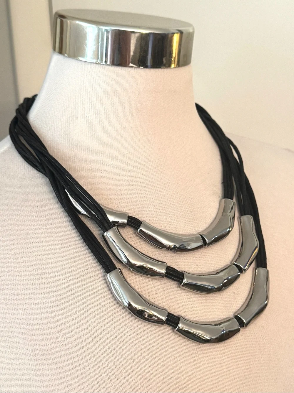 Chico’s Silver Tone Triple Strand Black Cord Statement Necklace 22” Modernist